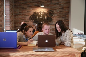 Des usagers en train de regarder un ordinateurs dans une des salles de travail du Learning Center. Users looking at a computer in one of the Learning Center's workrooms. 